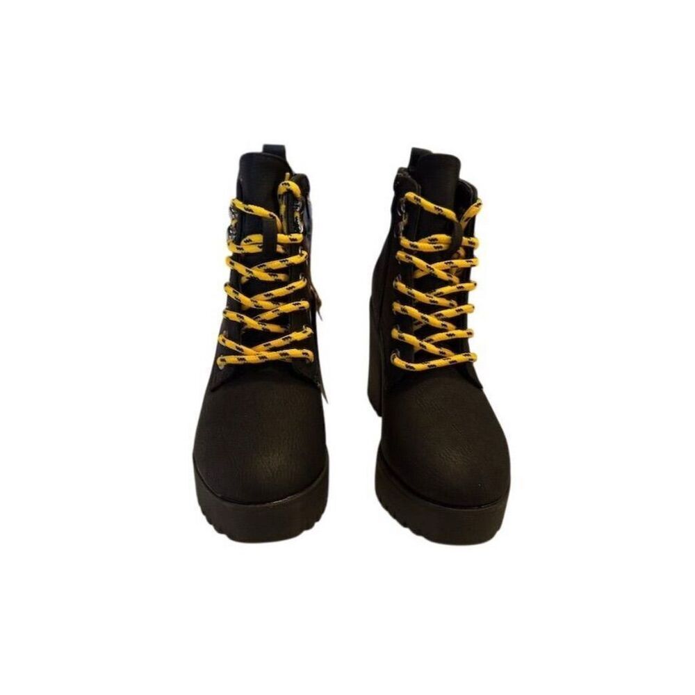 Black Platform Lace-Up Ankle Boots with Yellow Laces - Picture 5 of 9